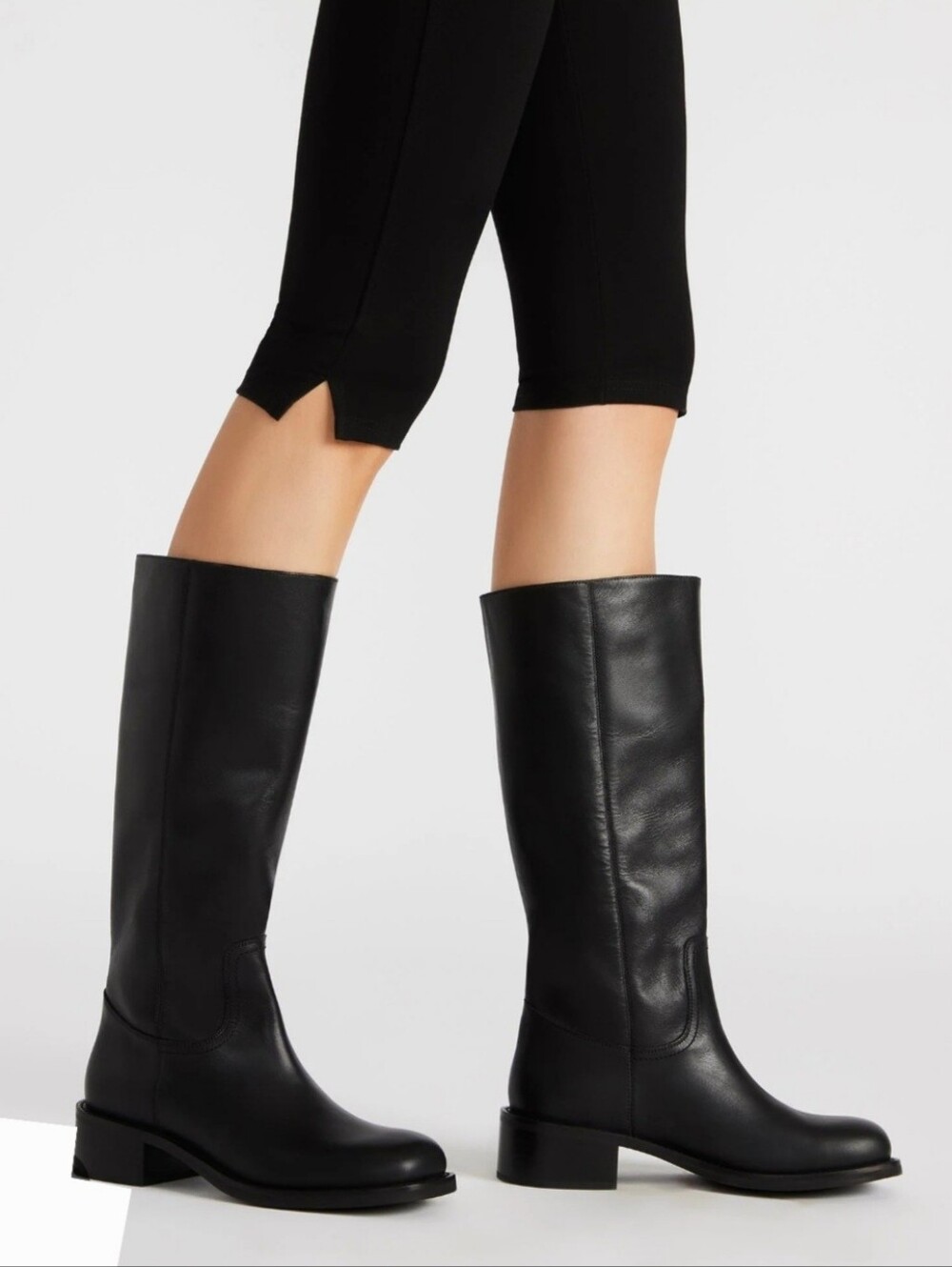 Steve Madden Knee High Boots 9 Black Leather Riggs Biker Chunky Pull On New $200